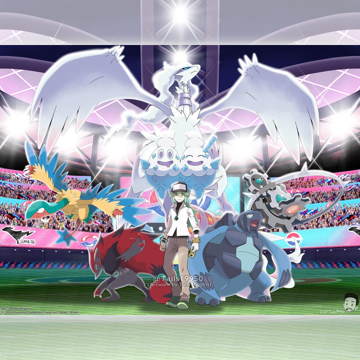1boy, :o, aqua_eyes, archeops, artist_name, baseball_cap, black_hat, black_shirt, blue_eyes, blue_sclera, bracelet, brown_pants, carracosta, claws, closed_eyes, closed_mouth, colored_sclera, commentary, company_name, copyright_name, copyright_notice, crowd, dragon, dragon_wings, drooling, english_commentary, fangs, floating, flying, full_body, gears, green_shoes, hat, highres, in-universe_location, instagram_username, jacket, jewelry, klinklang, long_sleeves, male_focus, mouth_drool, n_(pokemon), necklace, o_x, official_style, open_mouth, pants, pokemon, pokemon_(creature), pokemon_bw, pokemon_swsh, reshiram, reshiram_(overdrive), shirt, shoes, smile, stadium, stadium_lights, standing, tom_higgins, vanilluxe, white_jacket, wings, zoroark