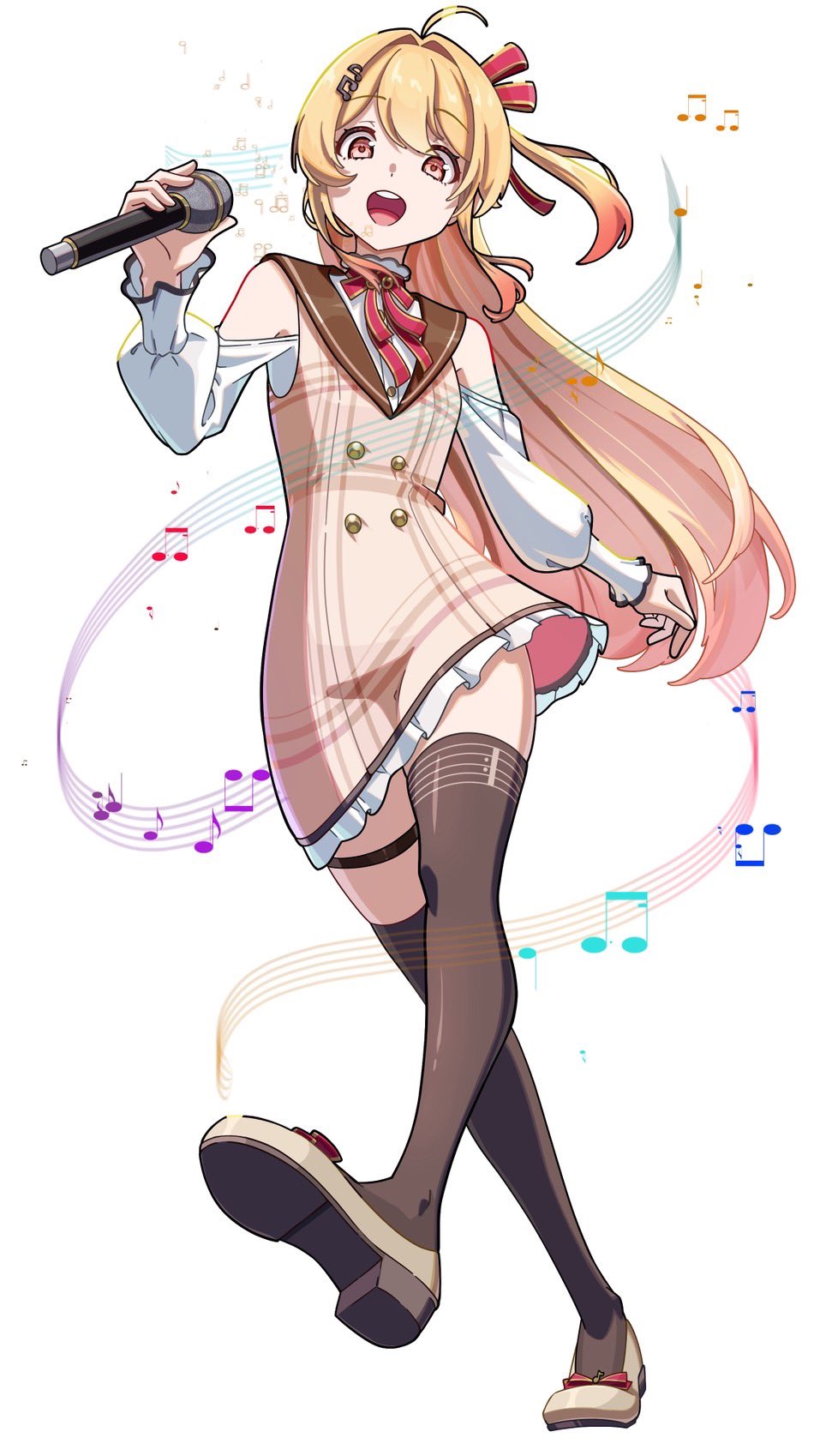 1girl, blonde_hair, bow, brown_dress, brown_thighhighs, commentary_request, dress, hair_bow, hair_ornament, highres, holding, holding_microphone, hololive, hololive_dev_is, long_hair, looking_at_viewer, microphone, musical_note, musical_note_hair_ornament, one_side_up, open_mouth, otonose_kanade, otonose_kanade_(1st_costume), red_bow, red_eyes, shorts, smile, solo, teeth, thigh-highs, tomato_matoma, upper_teeth_only, very_long_hair, virtual_youtuber, white_background, white_shorts