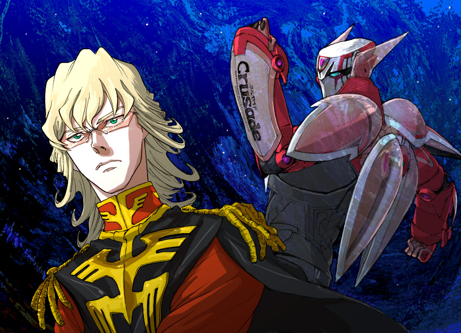 barnaby_brooks_jr, blonde_hair, cape, char_aznable, char_aznable_(cosplay), cosplay, epaulettes, glasses