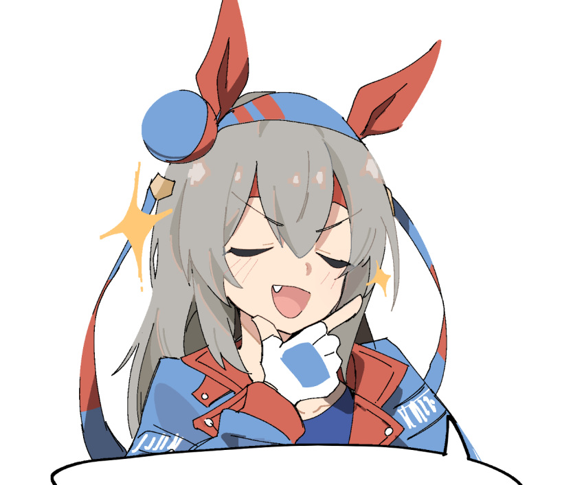 1girl, :d, blue_hairband, blue_jacket, closed_eyes, double-parted_bangs, ear_covers, eri_(erikiri)