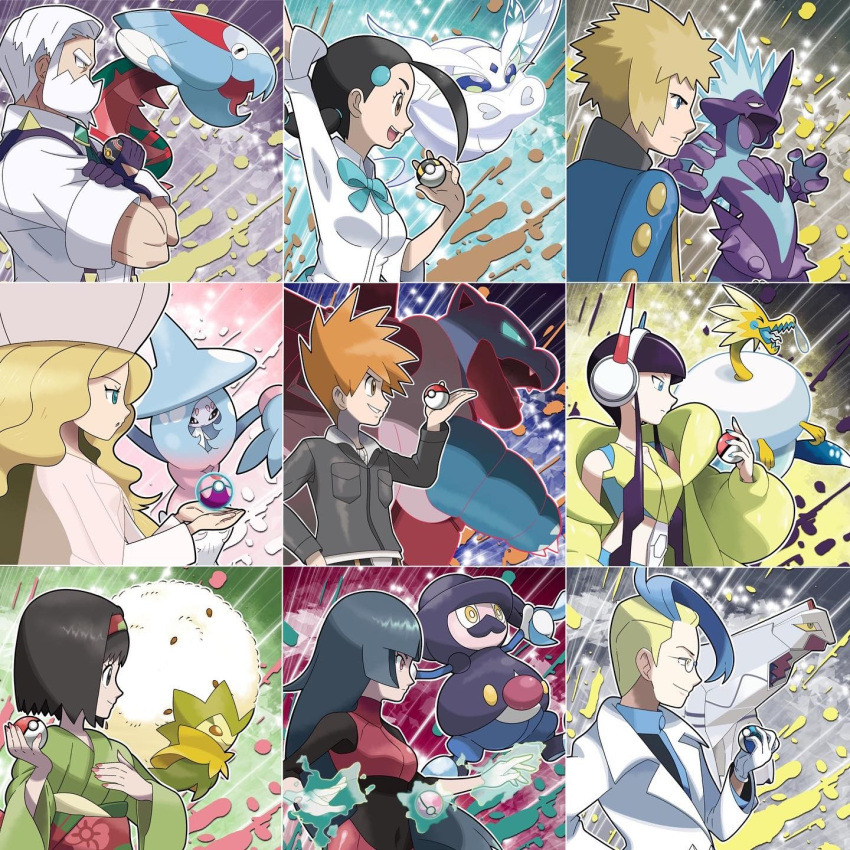 >_<, 4boys, 5girls, aqua_bow, arctozolt, arm_up, black_hair, blastoise