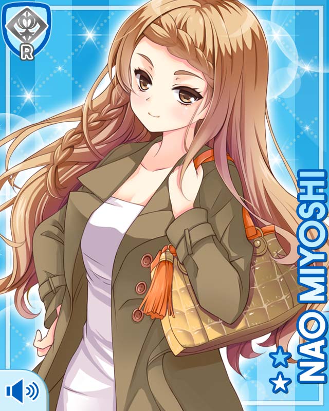 1girl, bag, blue_background, braid, brown_eyes, brown_hair, card_(medium), character_name