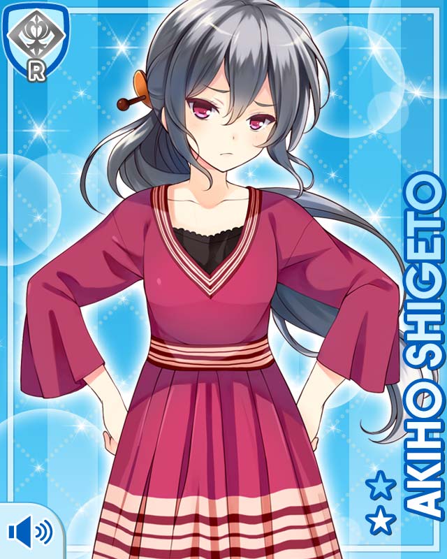1girl, black_shirt, blue_background, card_(medium), character_name, dress, frown, girlfriend_(kari)