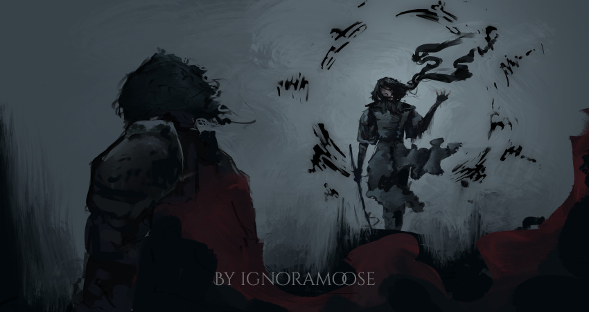 2boys, absurdres, anvil_(shadow_slave), armor, baggy_clothes, black_hair, black_tunic, cape