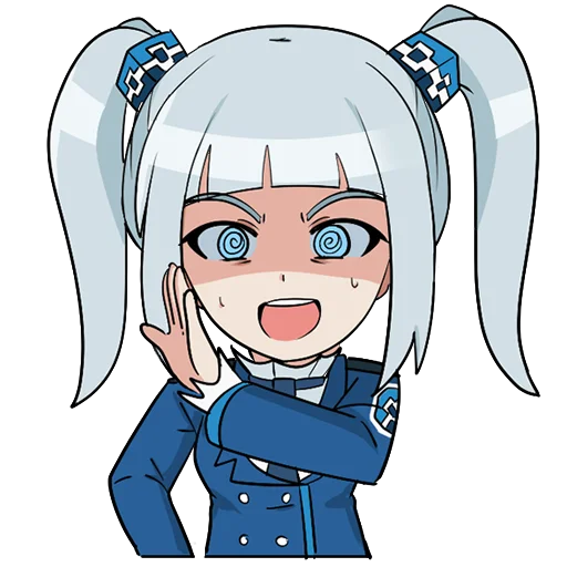 1girl, @_@, blue_eyes, blue_jacket, blue_necktie, blunt_bangs, blush, buttons