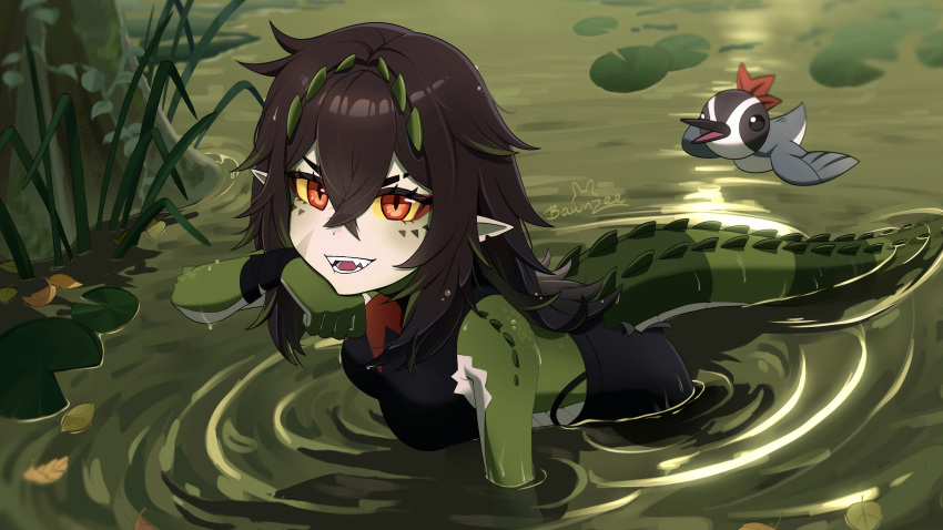 1girl, absurdres, bawnzee, bird, black_pants, black_shirt, brown_hair, colored_sclera