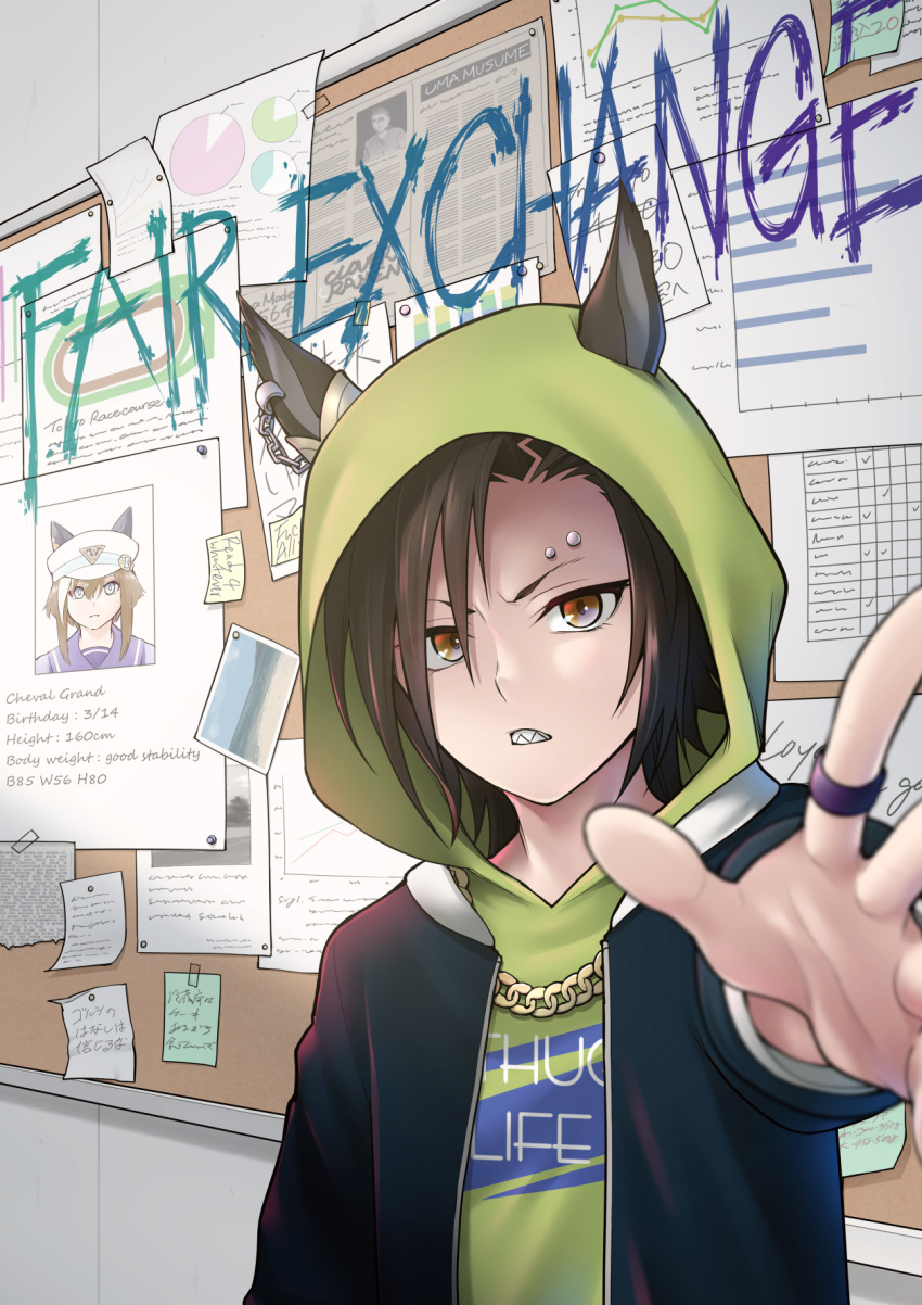 1girl, air_shakur_(umamusume), animal_ears, black_hair, black_jacket, brown_eyes, bulletin_board, character_name