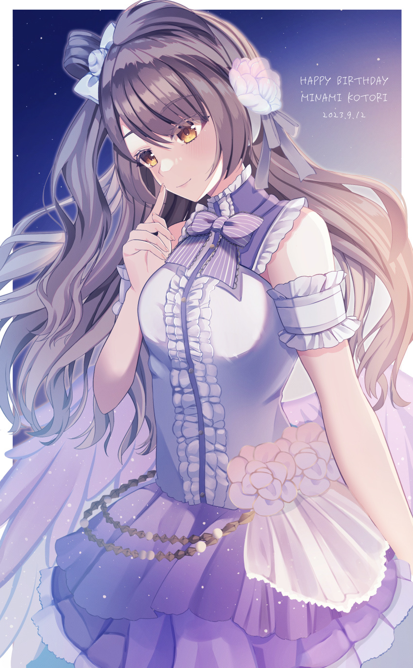 1girl, absurdres, armband, border, bow, brown_hair, commentary_request, dress