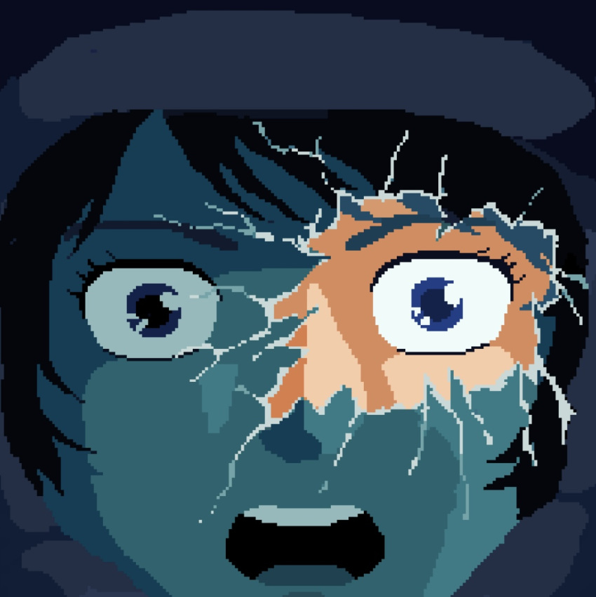 1980s_(style), 1boy, bad_end, black_hair, blue_eyes, broken_glass, commentary_request, crazy
