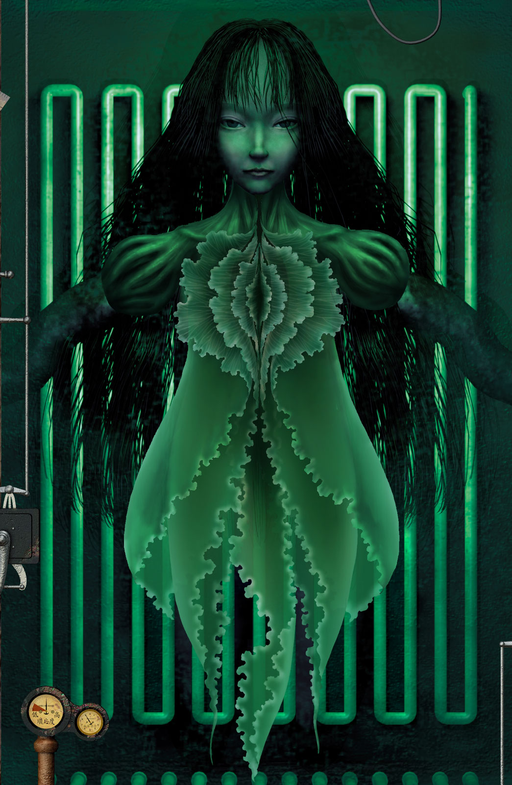 1girl, commentary_request, garage:_bad_dream_adventure, green_theme, highres, industrial_pipe, looking_at_viewer, messy_bangs