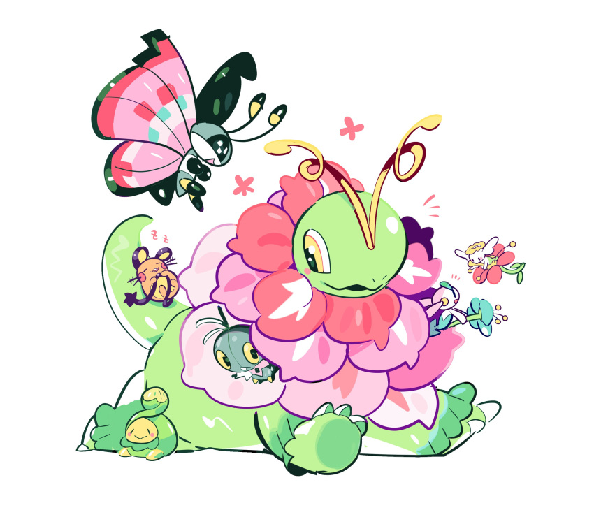absurdres, antennae, blue_flower, budew, closed_eyes, commentary_request, dedenne, flabebe