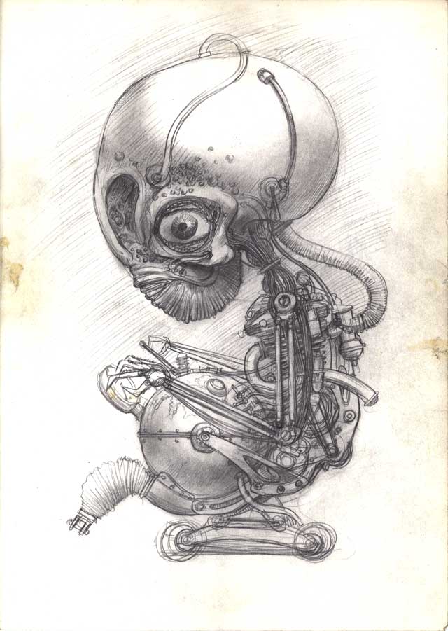 commentary_request, concept_art, exposed_internal_machinery, garage:_bad_dream_adventure, greyscale, looking_at_viewer, monochrome, robot, sakuba, sketch, solo_focus, wheel, white_background