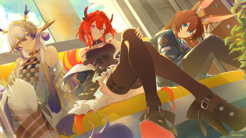 3girls, amiya_(arknights), animal_ears, arknights, artist_name, ascot, bare_shoulders, belt_pouch