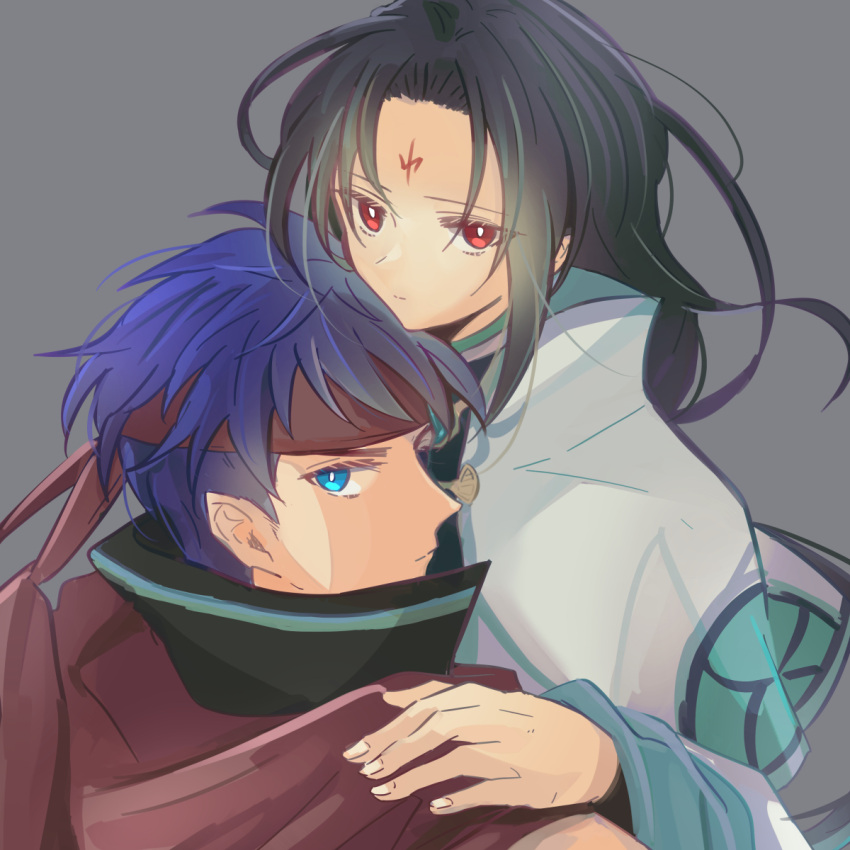 2boys, blue_eyes, blue_hair, bright_pupils, closed_mouth, commentary_request, facial_mark, fire_emblem