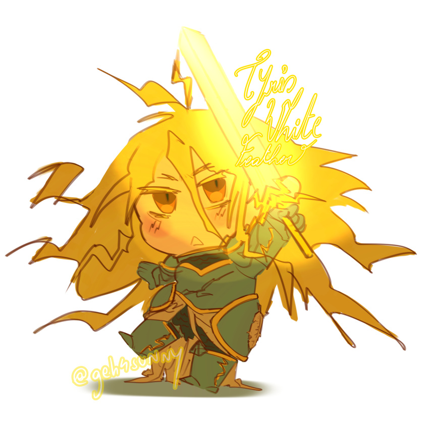 1girl, :o, armor, blonde_hair, blush, brown_eyes, chibi, chibi_only