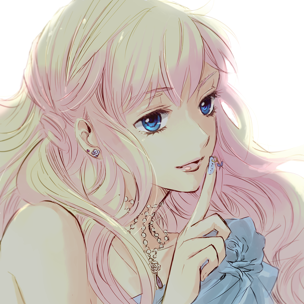 blue_eyes, earrings, emi_(penguin908), finger_to_mouth, jewelry, lips, long_hair, macross, macross_frontier, nail_polish, necklace, pink_hair, sheryl_nome, simple_background, solo