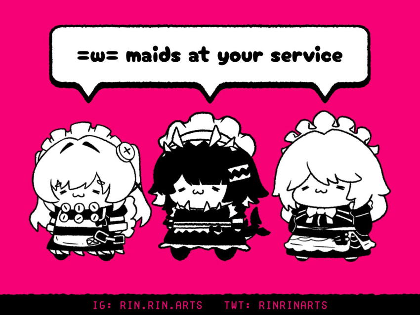 alexandrina_sebastiane, corin_wickes, ellen_joe, long_hair, maid, multiple_girls, rinrinarts, shark_girl