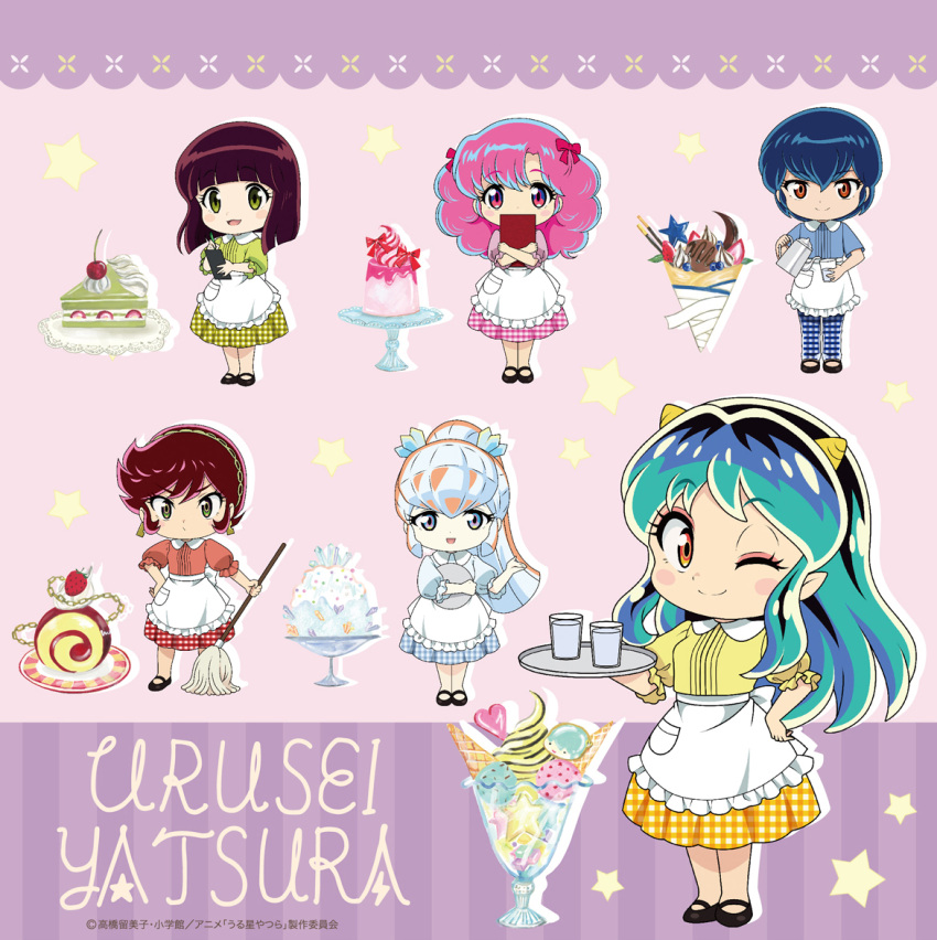 6+girls, :d, ;), benten_(urusei_yatsura), blue_eyes, blue_hair, blue_pants, blue_shirt