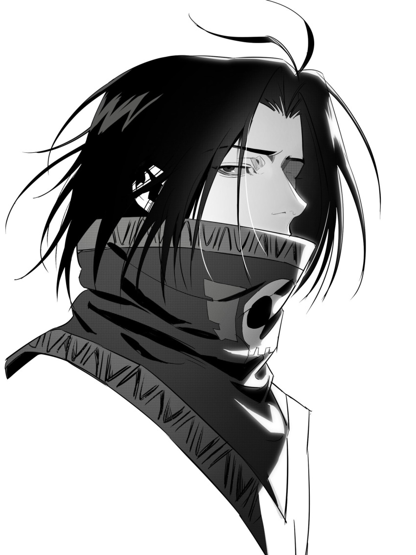 1boy, antenna_hair, covered_mouth, cropped_head, feitan_portor, greyscale, hashtag-only_commentary, high_collar