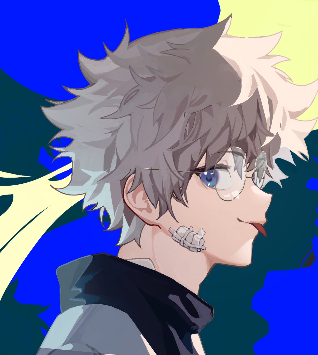 1boy, bespectacled, blue_eyes, commentary_request, from_side, gauze, gauze_on_face, glasses