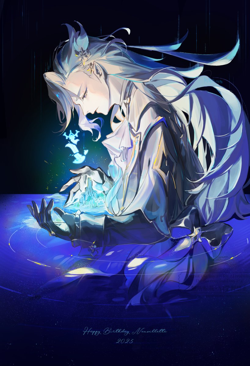 1boy, ascot, asymmetrical_bangs, black_bow, black_gloves, blue_coat, blue_eyeliner, blue_hair