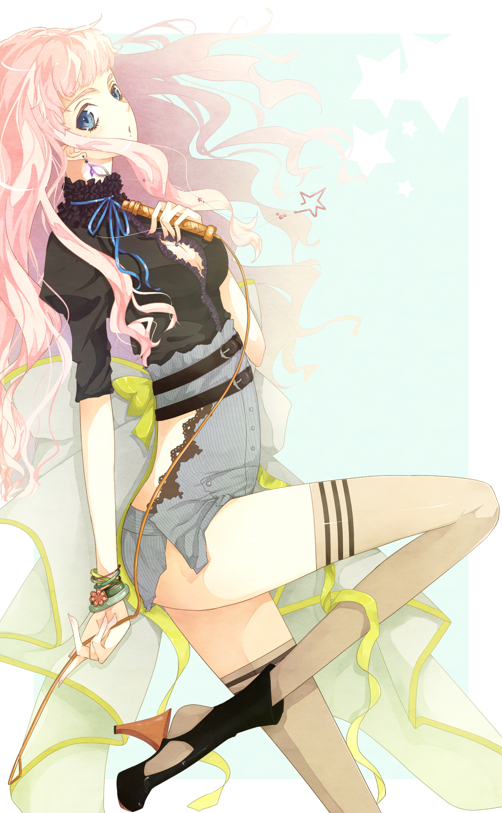 bad_id, blue_eyes, bracelet, cleavage_cutout, high_heels, highres, jewelry, kani0626