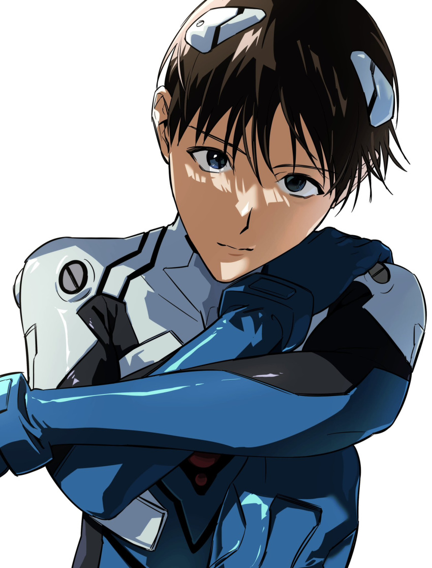 1boy, arm_on_knee, blue_bodysuit, blue_eyes, bodysuit, brown_hair, closed_mouth, commentary_request