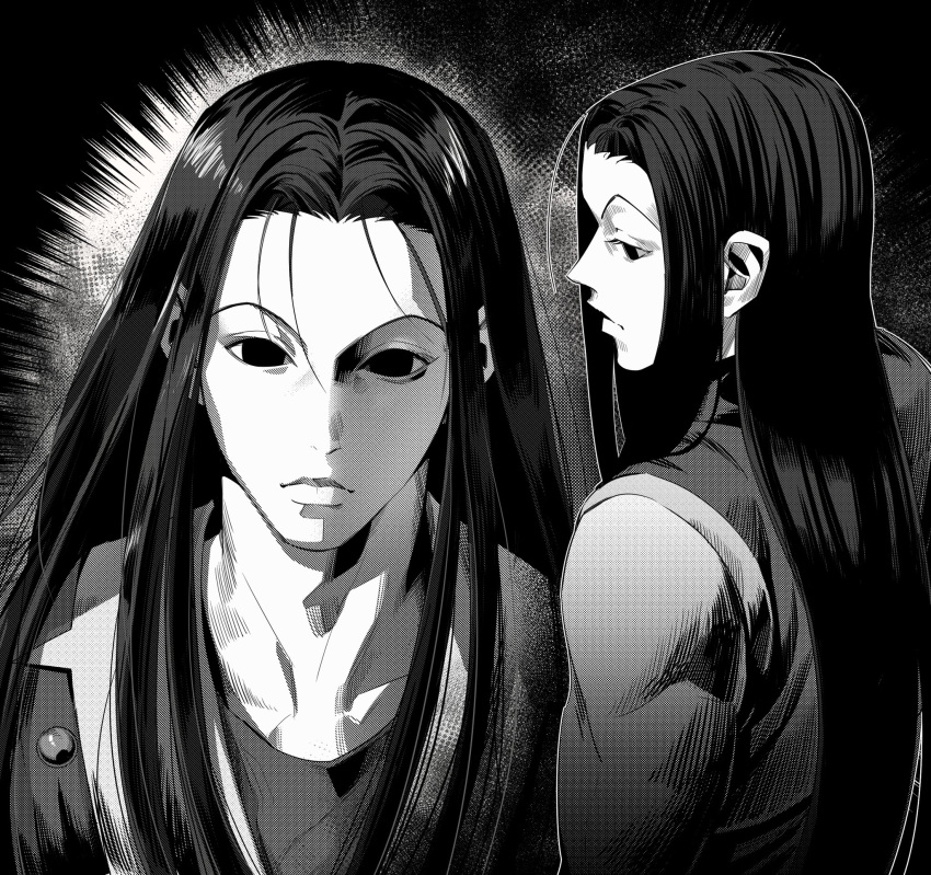 1boy, closed_mouth, greyscale, hashtag-only_commentary, highres, hunter_x_hunter, illumi_zoldyck, killua0u0