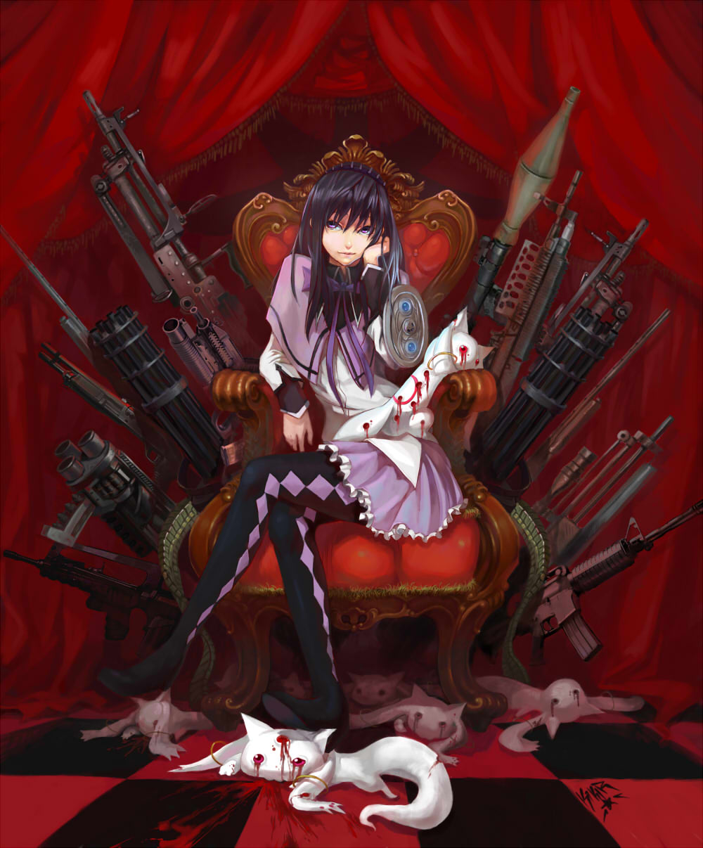 akemi_homura, argyle, argyle_legwear, assault_rifle, black_hair, black_legwear, blood, boots