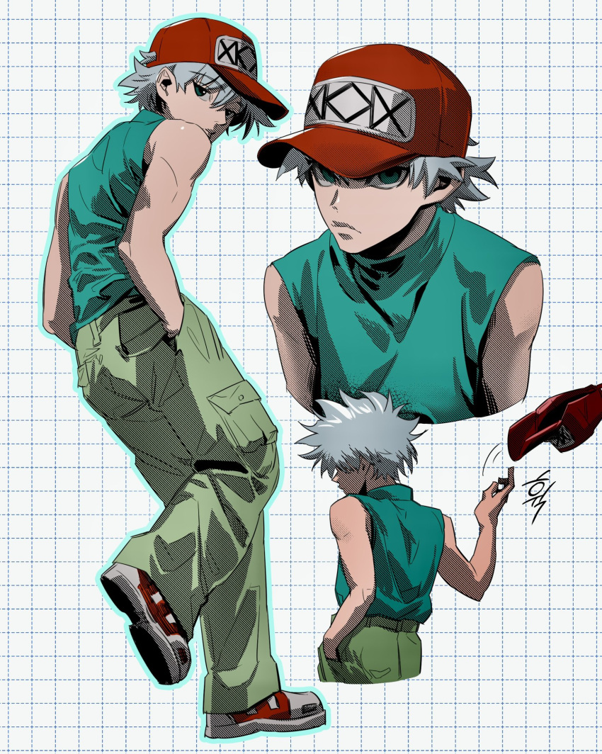 1boy, baseball_cap, blue_eyes, closed_mouth, commentary_request, cropped_torso, full_body, green_pants