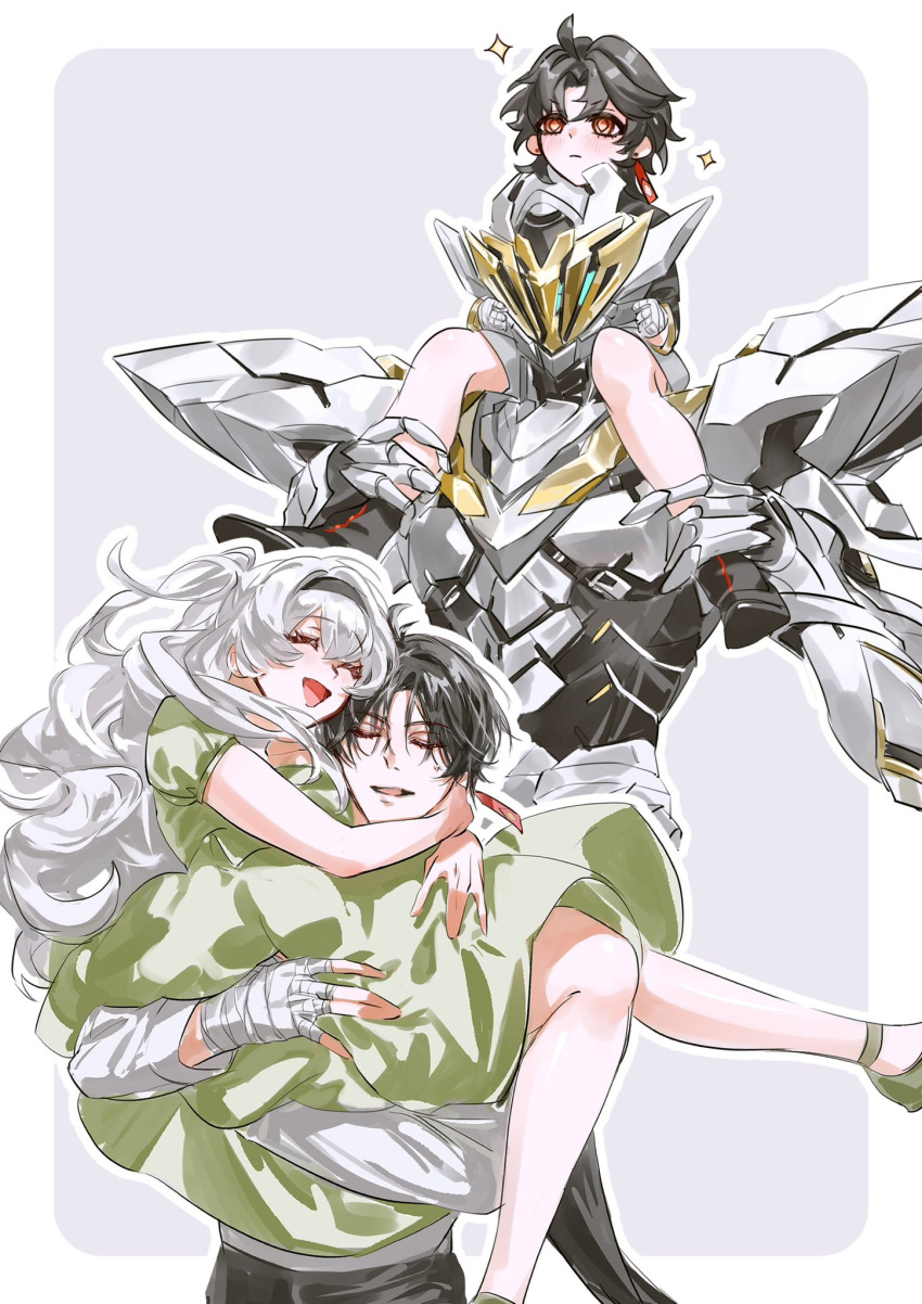 armor, black_hair, black_hairband, blade_(honkai:_star_rail), carrying, closed_eyes, commentary_request, dress