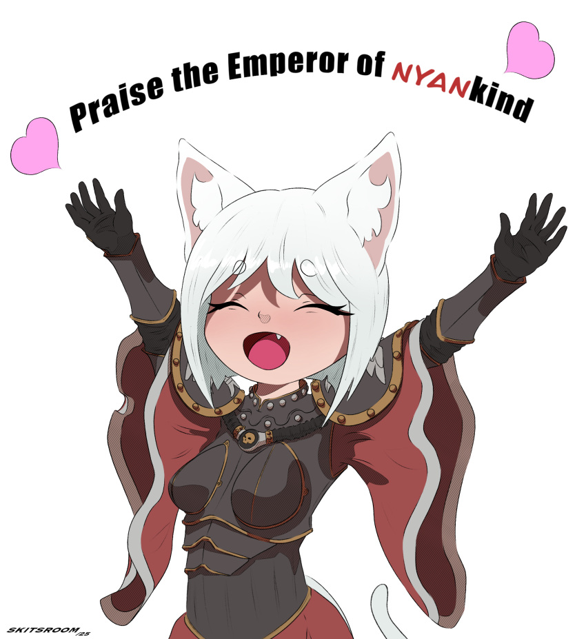 1girl, absurdres, adepta_sororitas, animal_ears, armor, arms_up, artist_name, bolt_(hardware), bracer, breastplate, breasts, cat_ears, cat_girl, cat_tail, closed_eyes, commentary, dated, english_commentary, english_text, fang, heart, highres, medium_breasts, nyan, open_mouth, pauldrons, power_armor, short_hair, shoulder_armor, skitsroom, skull, solo, tail, talking, warhammer_40k, white_hair, white_tail
