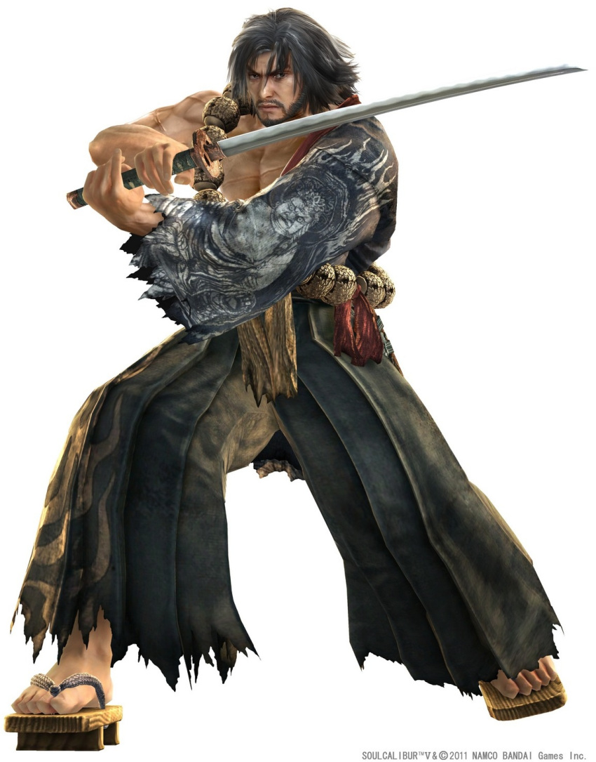 3d, beard, facial_hair, geta, grey_hair, hakama, heishiro_mitsurugi, highres, japanese_clothes, katana, kimono, long_hair, male, mitsurugi_heishirou, muscle, old, old_man, rosary, samurai, sandals, sash, scar, solo, soul_calibur, soul_calibur_v, soulcalibur, soulcalibur_v, sword, torn_clothes, weapon, white_background
