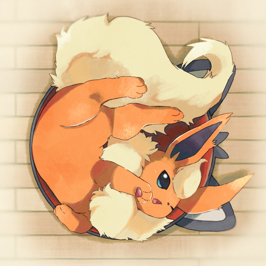 animal_focus, commentary_request, flareon, full_body, highres, in_bowl, in_container, lying