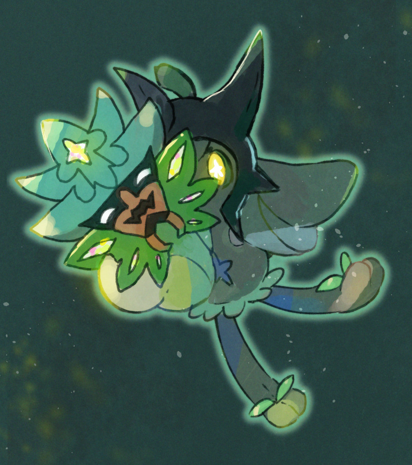 1other, commentary_request, full_body, glowing, green_background, highres, holding, holding_mask