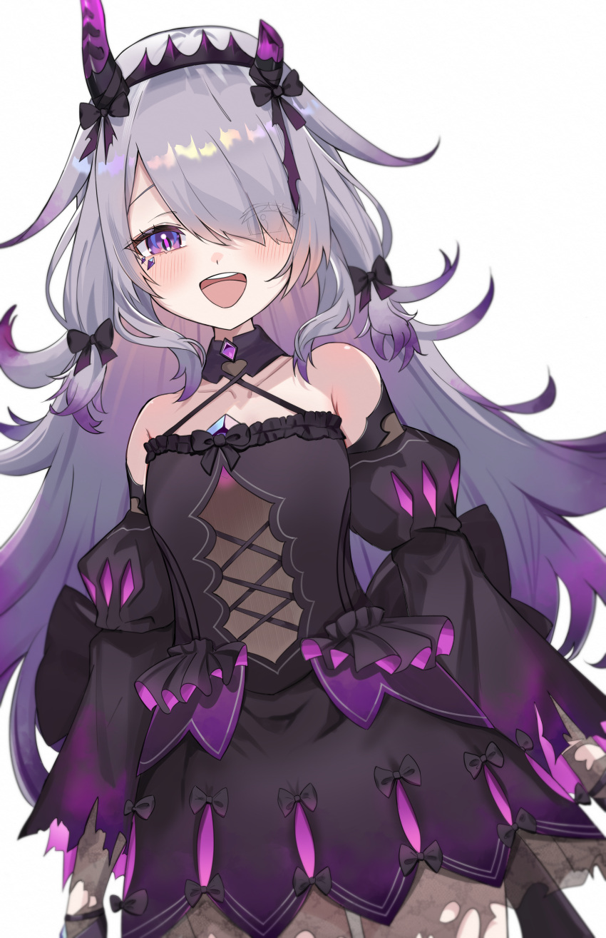 1girl, absurdres, black_dress, blush, broken_horn, castellayaki, chest_jewel, commentary