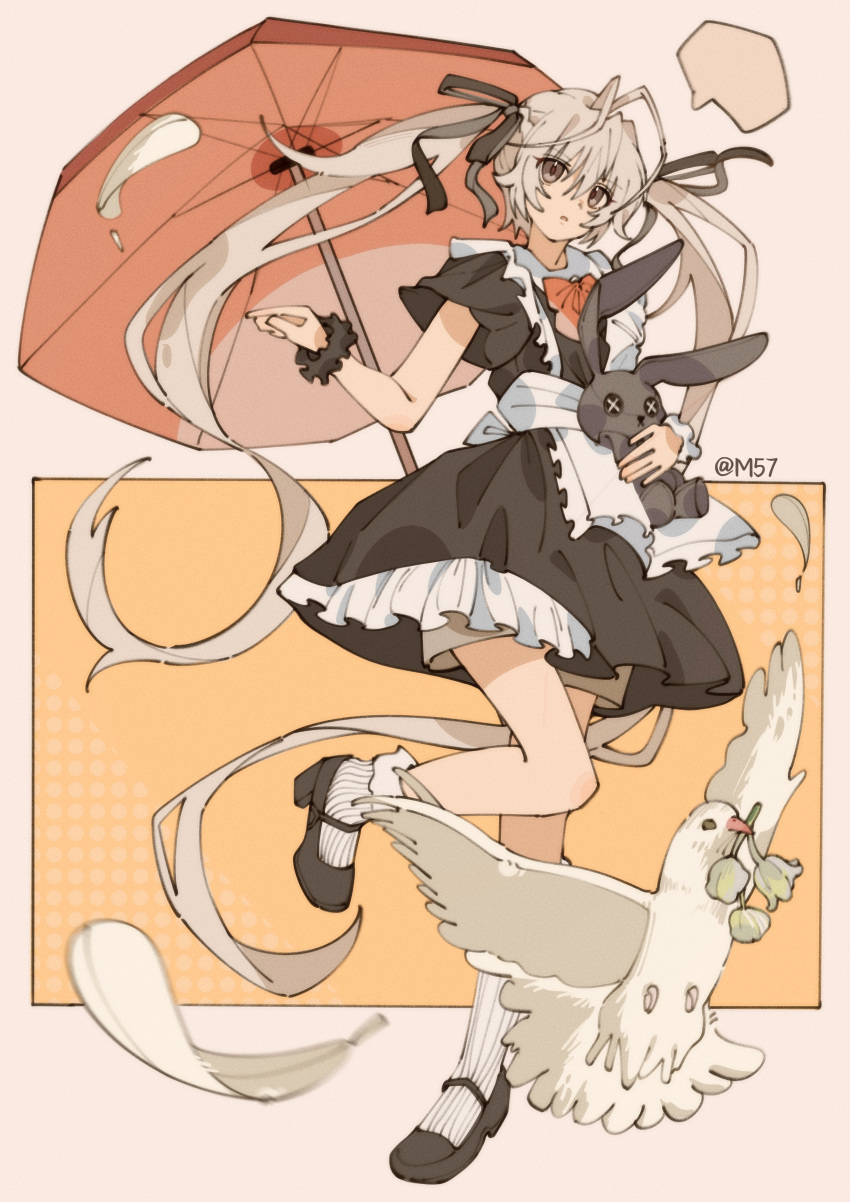 1girl, absurdres, antenna_hair, apron, artist_name, bird, black_dress, black_ribbon, black_scrunchie, black_shoes, blank_speech_bubble, bow, bowtie, brown_eyes, commentary, dress, falling_feathers, feathers, full_body, grey_hair, hair_ribbon, highres, kasugano_sora, leg_up, long_hair, looking_at_viewer, m57, mary_janes, parted_lips, photo-referenced, pigeon, ribbon, scrunchie, shoes, socks, solo, speech_bubble, stuffed_animal, stuffed_rabbit, stuffed_toy, twintails, umbrella, very_long_hair, white_apron, white_feathers, white_scrunchie, white_socks, wrist_scrunchie, yosuga_no_sora
