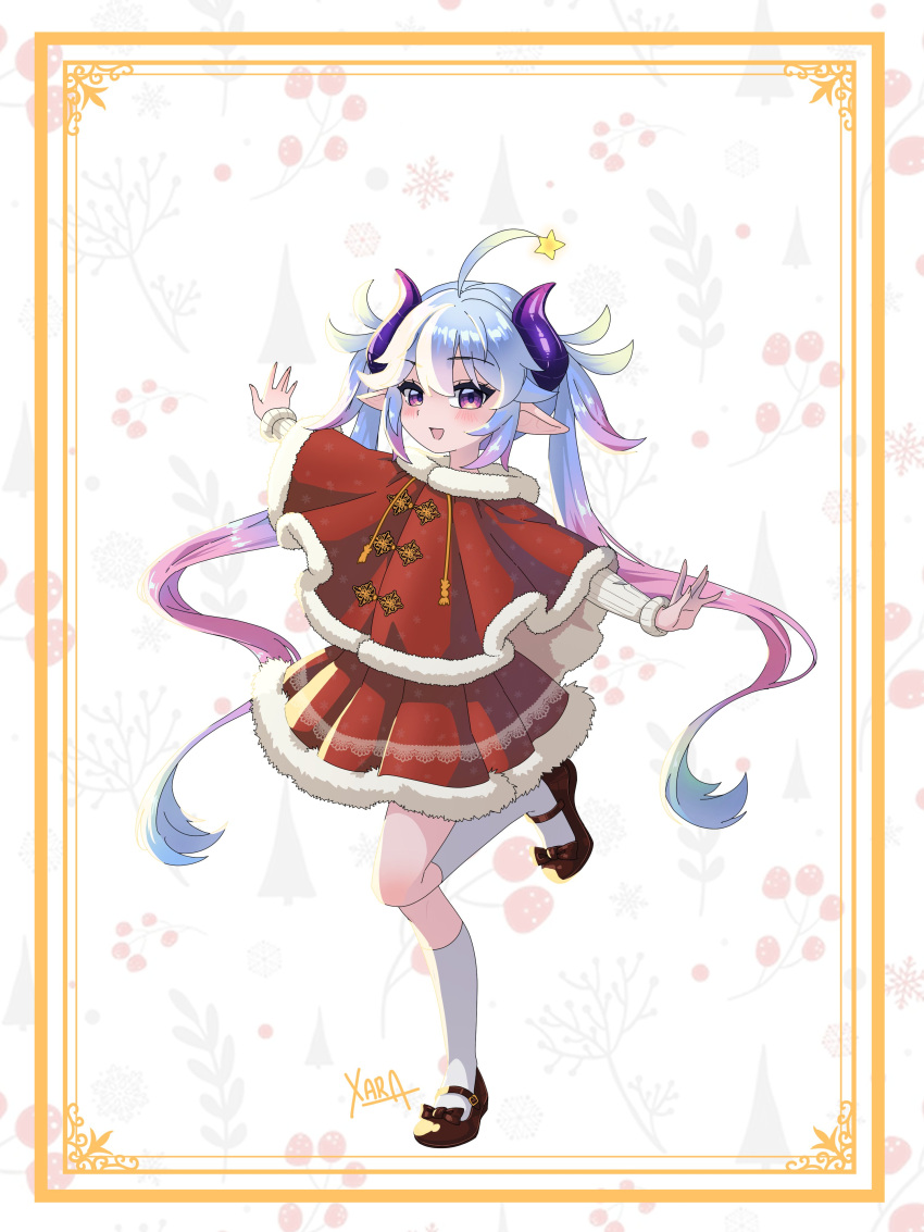 1girl, absurdres, ahoge, blue_eyes, border, capelet, commentary, demon_girl