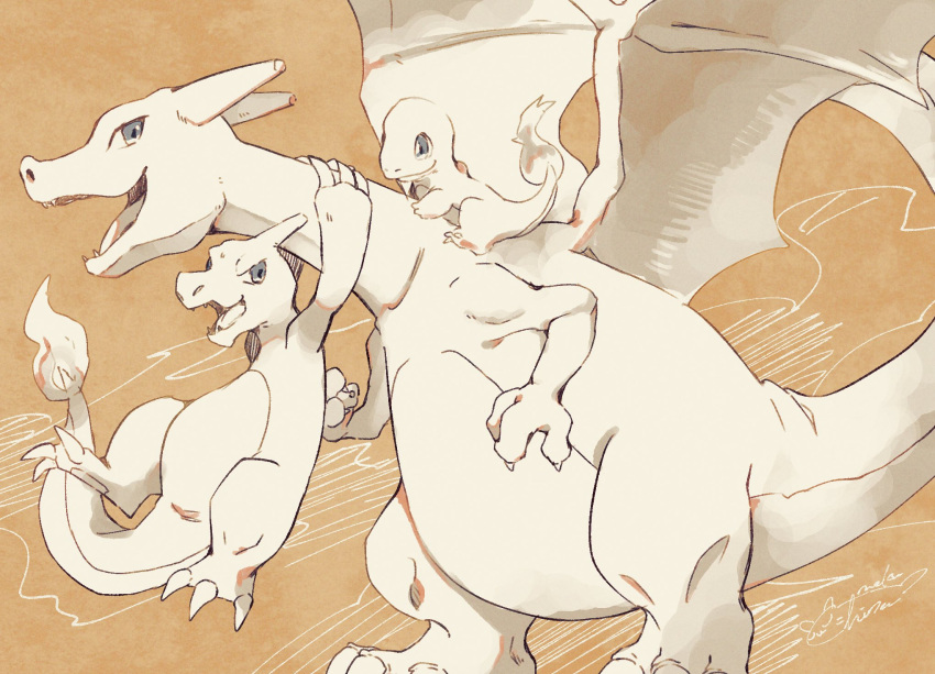 brown_background, charizard, charmander, charmeleon, claws, commentary_request, fire, flame-tipped_tail