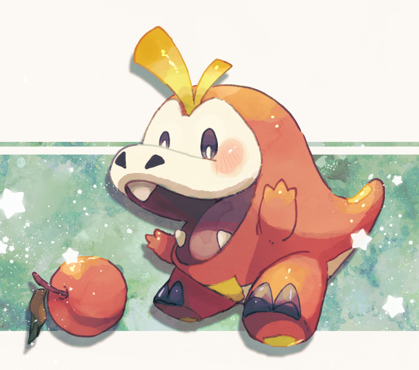 animal_focus, apple, black_eyes, bright_pupils, commentary_request, fang, food, fruit, fuecoco, full_body, highres, nekozane_chisa, no_humans, nostrils, open_mouth, pokemon, pokemon_(creature), solo, star_(symbol), white_pupils