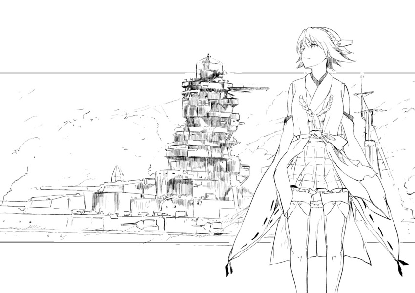 1girl, closed_mouth, detached_sleeves, frilled_skirt, frills, greyscale, hair_between_eyes, headgear