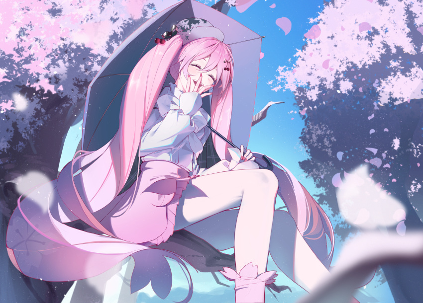 1girl, absurdres, branch, cherry_blossoms, cherry_hair_ornament, closed_eyes, commentary, day