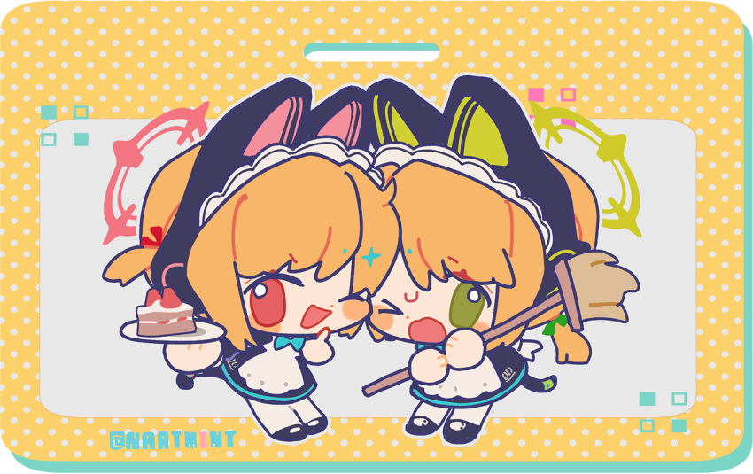 >_o, 2girls, ;d, animal_ear_headphones, animal_ears, apron, artist_name, ball_hands