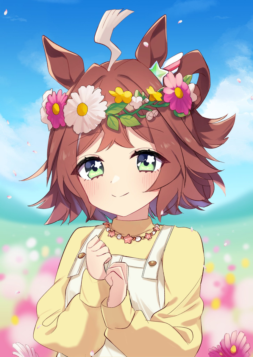 1girl, ahoge, animal_ears, blurry, blurry_background, blush, brown_hair, casual