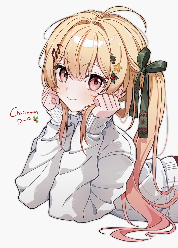 1girl, ahoge, blonde_hair, blush, christmas, closed_mouth, commentary, double-parted_bangs