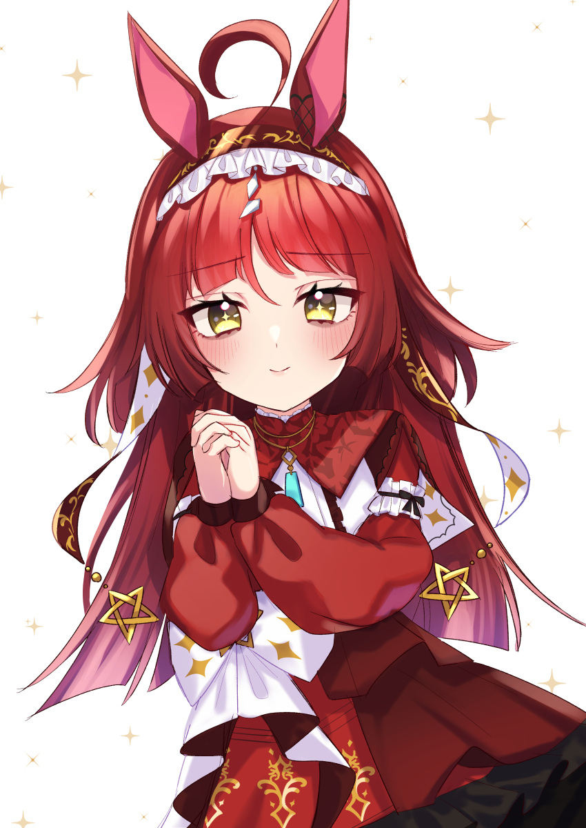 1girl, absurdres, ahoge, animal_ears, blunt_bangs, blush, closed_mouth, commentary_request