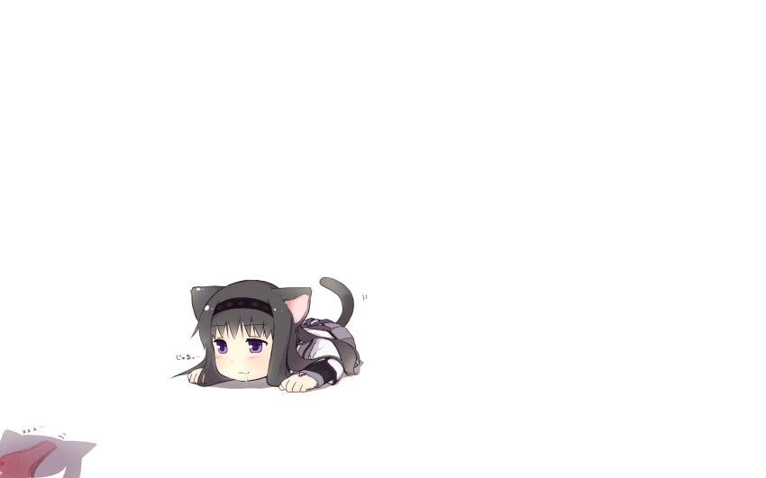 :3, akemi_homura, animal_ears, black_hair, blush, catgirl, chibi, headband