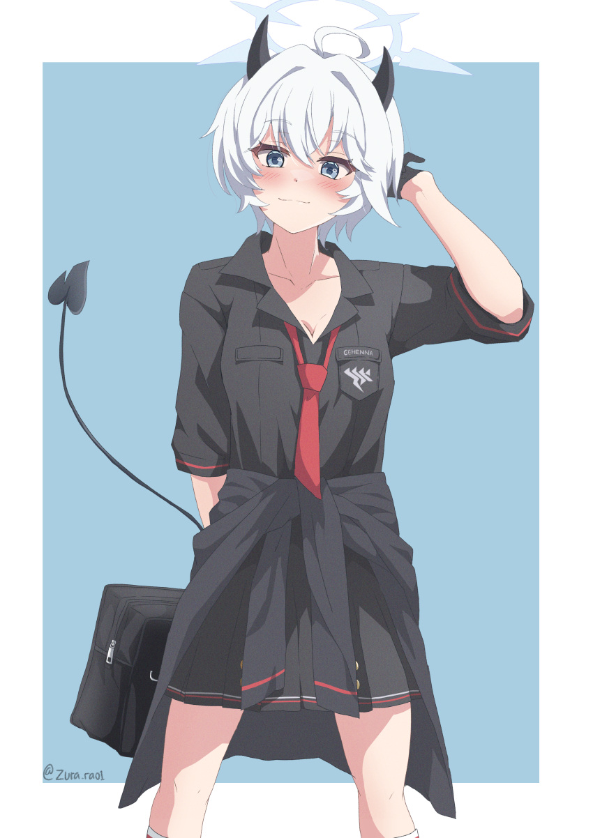 1girl, absurdres, asymmetrical_horns, azurarts, bag, black_gloves, black_jacket, black_shirt