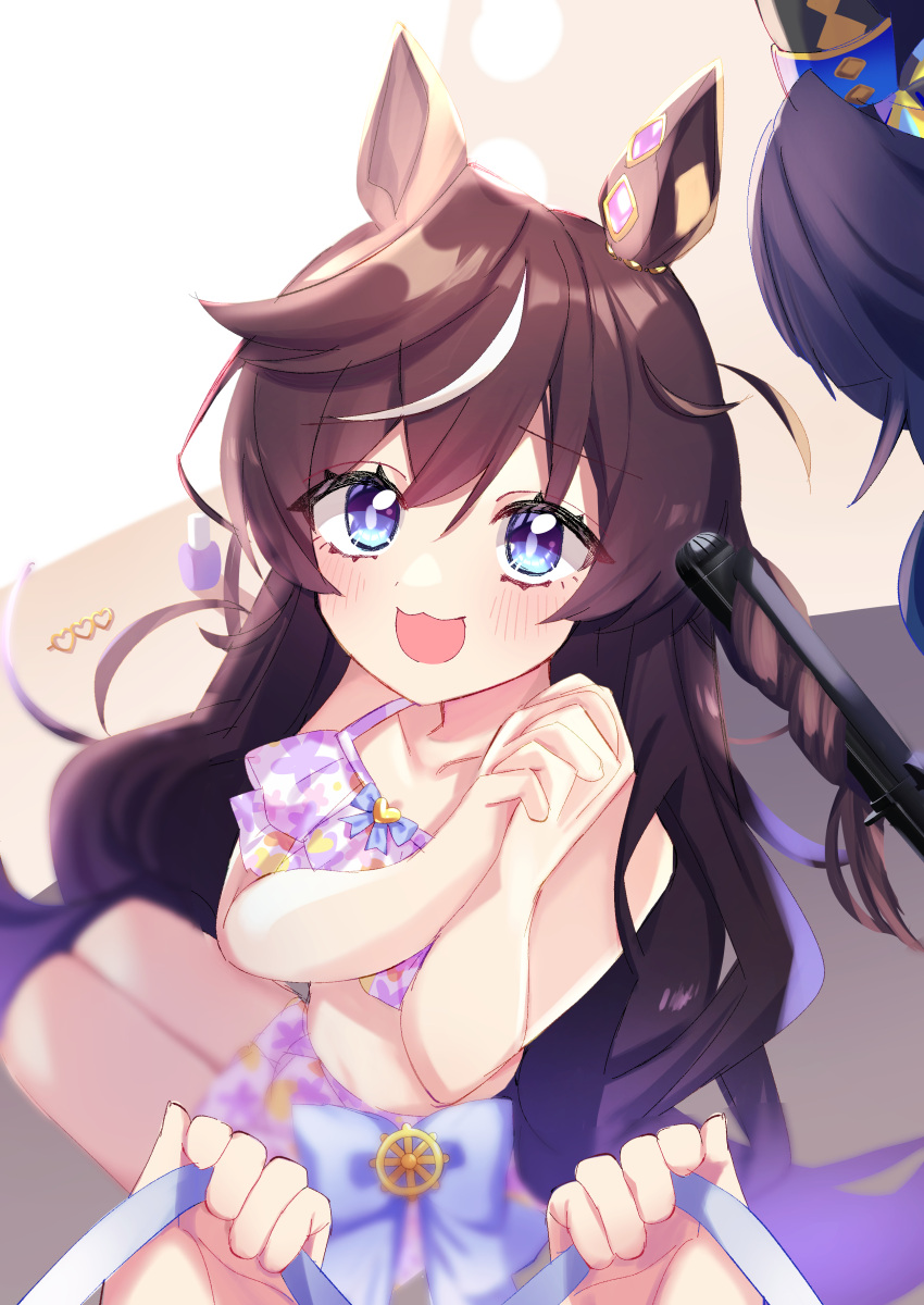 2girls, absurdres, alternate_hairstyle, animal_ears, blurry, breasts, brown_hair, collarbone