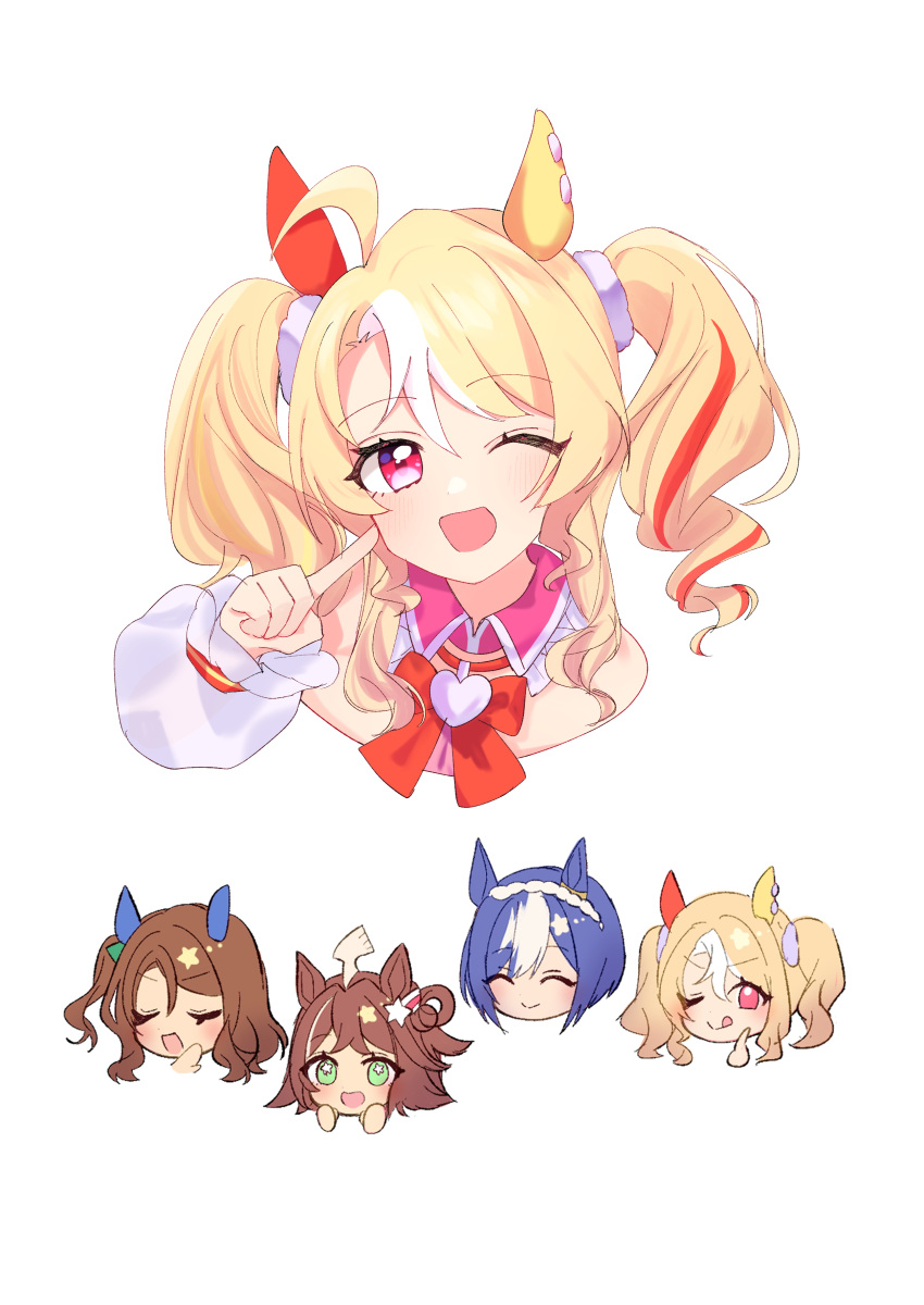 4girls, absurdres, blonde_hair, blue_hair, brown_hair, cesario_(umamusume), commentary_request, fusaichi_pandora_(umamusume)